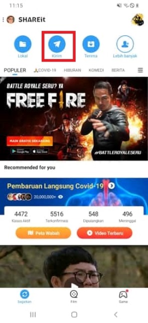 Cara menggunakan Shareit dengan klik kirim untuk mengirim