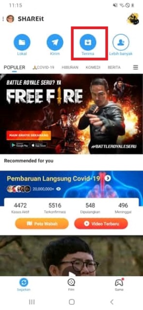 Cara menggunakan Shareit dengan klik terima untuk menerima