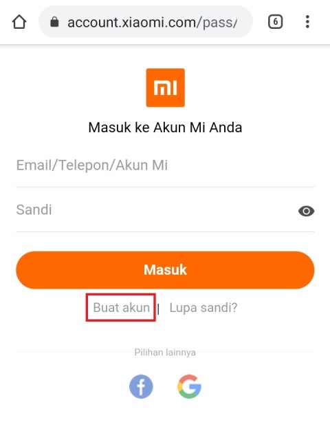 Daftar akun Mi melalui Google Chrome Daftar akun Mi melalui Google Chrome