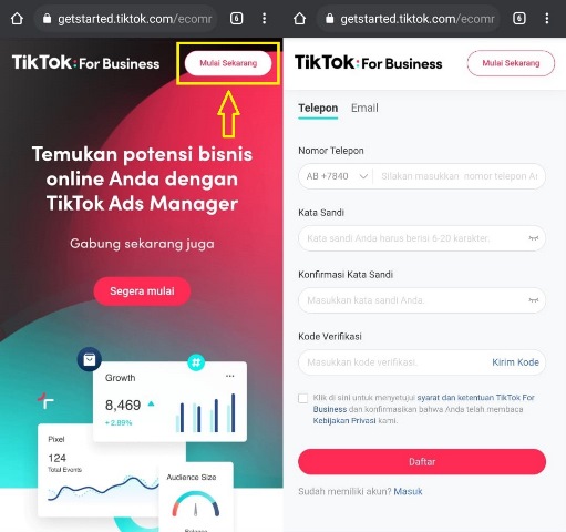 Cara daftar akun TikTok Ads