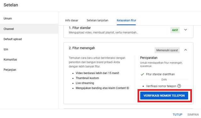 Verifikasi channel YouTube