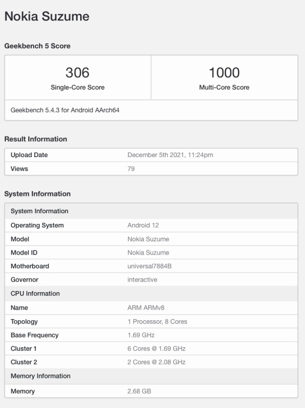 Daftar Geekbench Nokia Suzume