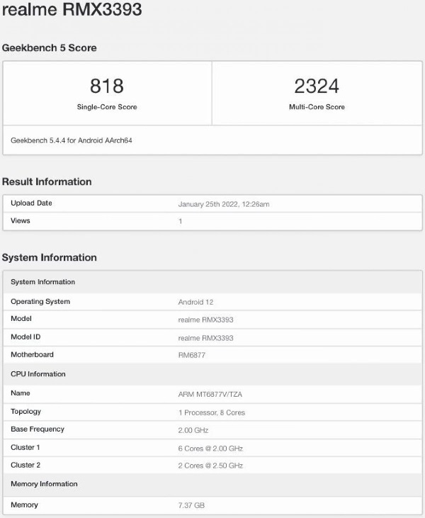 Daftar Geekbench Realme RMX3393