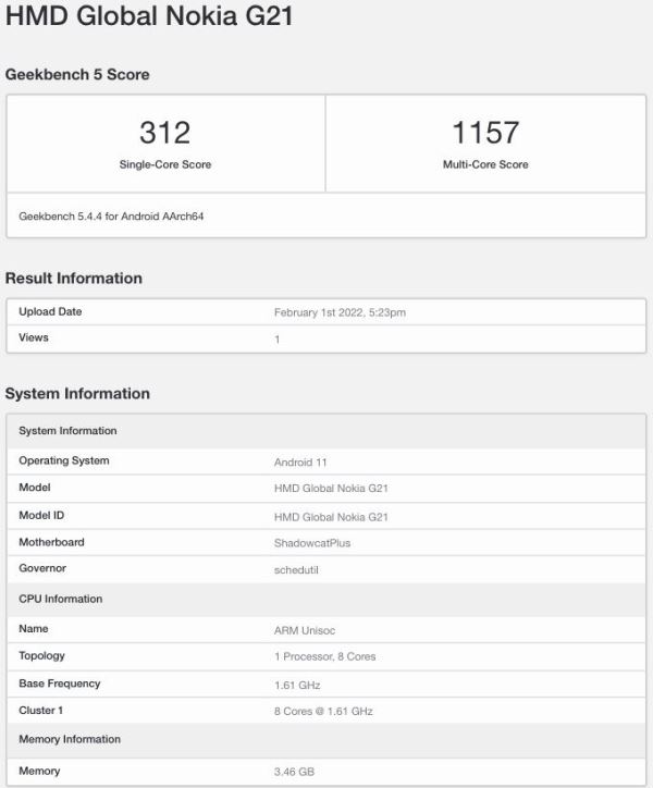 Daftar Geekbench Nokia G21 Daftar Geekbench Nokia G21