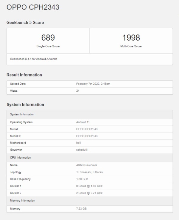 Daftar Geekbench OPPO CPH2343