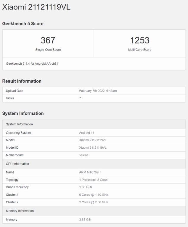 Daftar Geekbench Xiaomi Redmi 10 2022