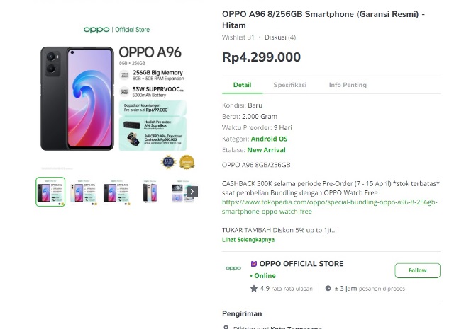 Harga Oppo A96 di Indonesia