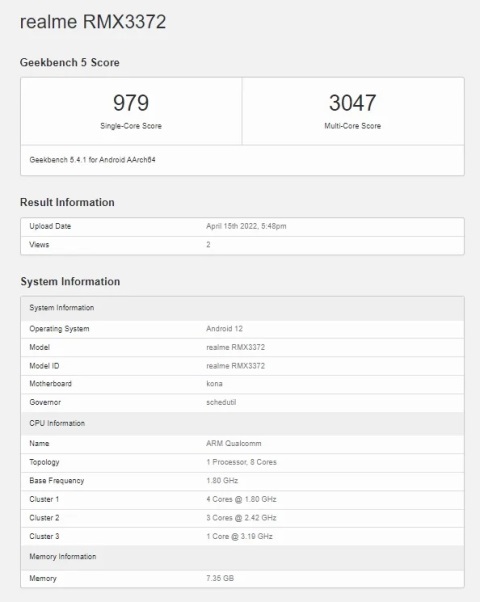 Realme RMX3372 Geekbench