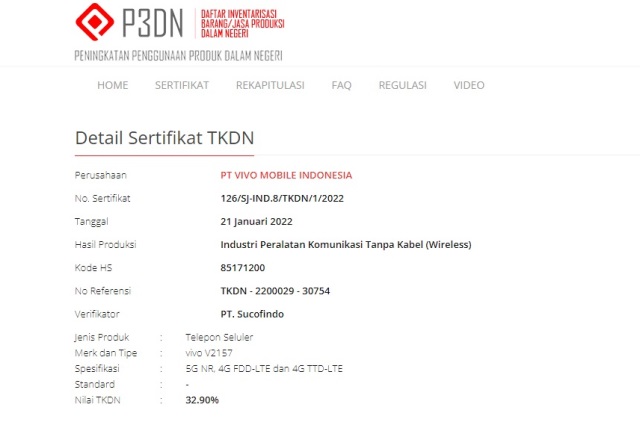 Sertifikasi TKDN Vivo T1 5G Sertifikasi TKDN Vivo T1 5G
