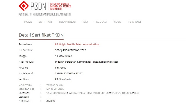 Sertifikasi TKDN Oppo CPH2385 Sertifikasi TKDN Oppo CPH2385