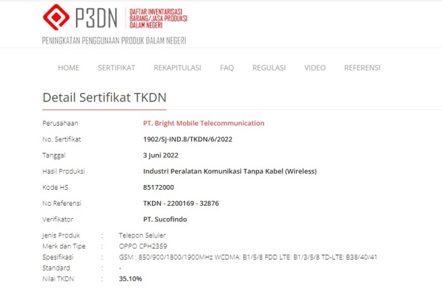 Sertifikat TKDN Oppo Reno 8 Sertifikat TKDN Oppo Reno 8