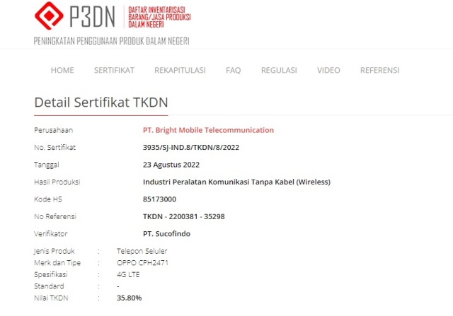 Sertifikat TKDN Oppo CPH2471