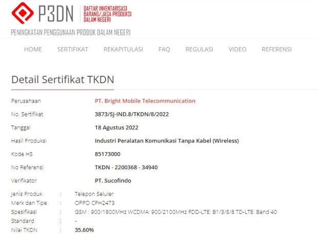 Sertifikasi TKDN Oppo CPH2473 Sertifikasi TKDN Oppo CPH2473