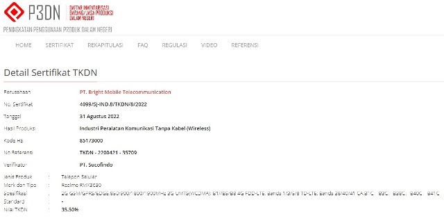Sertifikasi TKDN Realme RMX3630