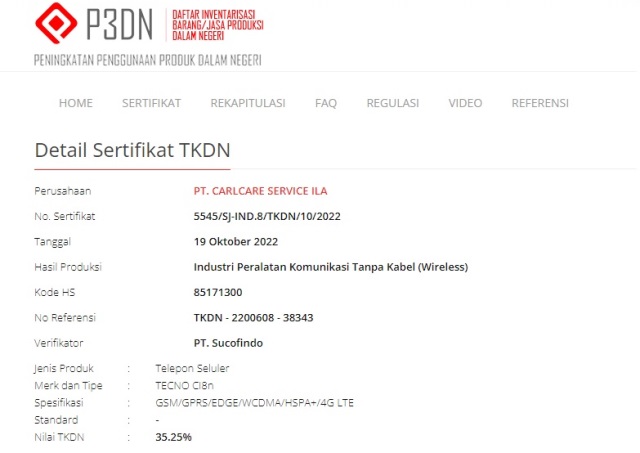 Sertifikasi TKDN Tecno CI8n Sertifikasi TKDN Tecno CI8n