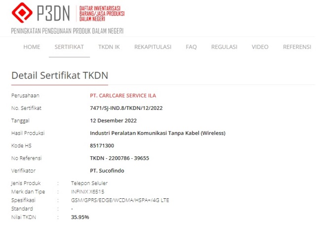 Sertifikasi TKDN Infinix X6515 Sertifikasi TKDN Infinix X6515