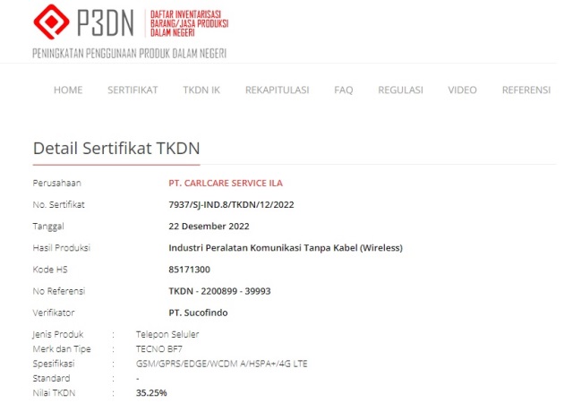 Sertifikasi TKDN Tecno BF7 Sertifikasi TKDN Tecno BF7