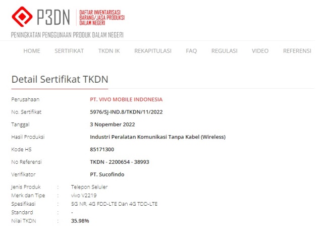 Sertifikasi TKDN Vivo V2219 Sertifikasi TKDN Vivo V2219