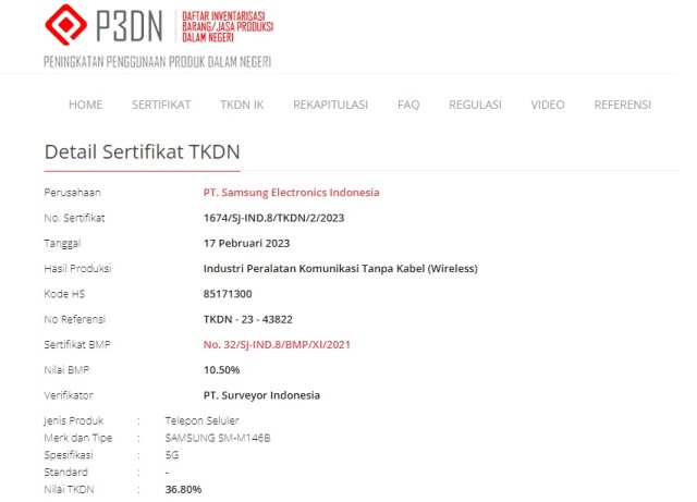 Sertifikasi TKDN Samsung SM M146B Sertifikasi TKDN Samsung SM M146B