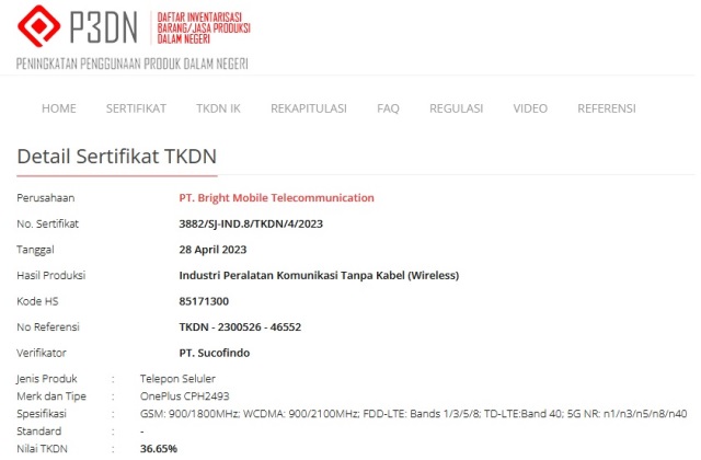 Sertifikasi TKDN OnePlus CPH2493 Sertifikasi TKDN OnePlus CPH2493