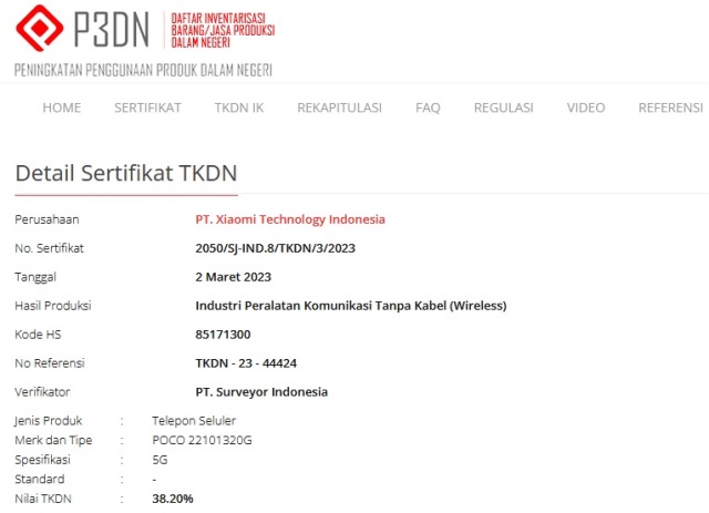 Sertifikasi TKDN Poco 22101320G Sertifikasi TKDN Poco 22101320G