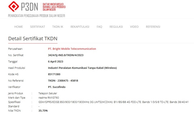 Sertifikasi TKDN Realme RMX3760 Sertifikasi TKDN Realme RMX3760
