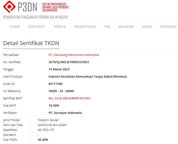 Sertifikasi TKDN SM A245F Sertifikasi TKDN SM A245F