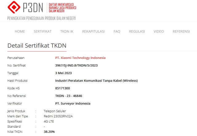 Sertifikasi TKDN Redmi 23053RN02A Sertifikasi TKDN Redmi 23053RN02A