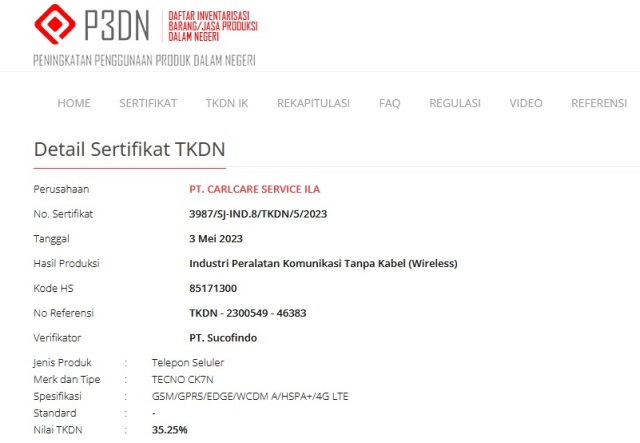Sertifikasi TKDN Tecno CK7n Sertifikasi TKDN Tecno CK7n