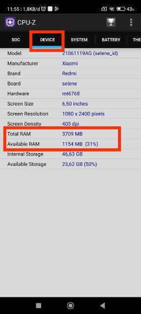 Info RAM di tab Device