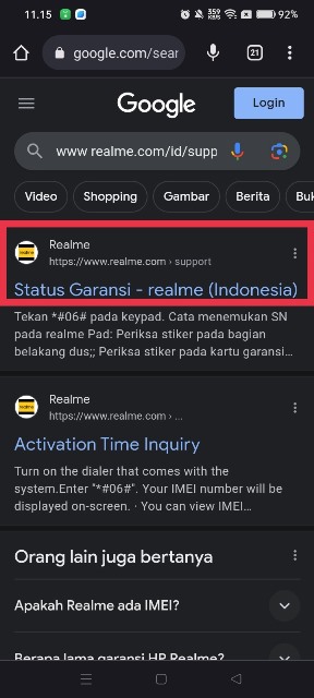 Web Status Garansi Realme