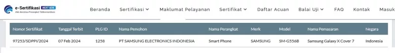 Sertifikasi Postel Samsung SM G556B Sertifikasi Postel Samsung SM G556B