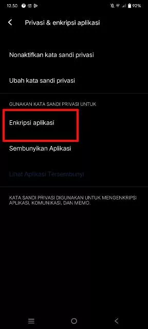 Menu enkripsi aplikasi