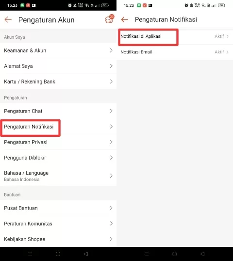 Pengaturan notif aplikasi