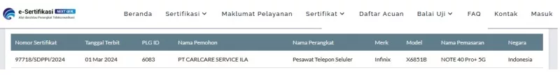 Sertifikasi Postel Note 40 Pro+ 5G Sertifikasi Postel Note 40 Pro+ 5G