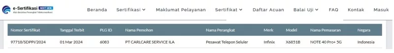 Sertifikasi Postel Note 40 Pro+ 5G