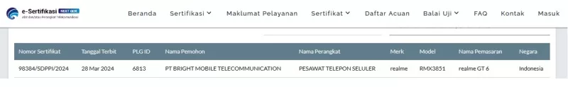 Sertifikasi Postel Realme RMX3851