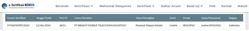 Sertifikasi Postel Realme RMX3910