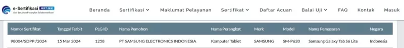 Sertifikasi Postel Samsung SM P620 Sertifikasi Postel Samsung SM P620