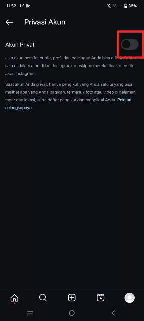 aktifkan private akun IG