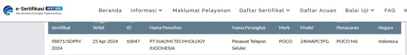 Sertifikasi Postel Poco M6