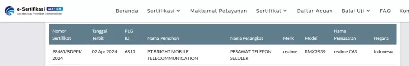 Sertifikasi Postel Realme C63 Sertifikasi Postel Realme C63