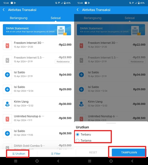 Urutkan riwayat transaksi