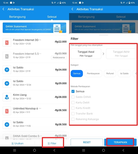 filter riwayat transaksi
