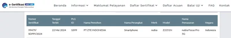 Sertifikasi Postel Nubia Focus Pro 5G Sertifikasi Postel Nubia Focus Pro 5G