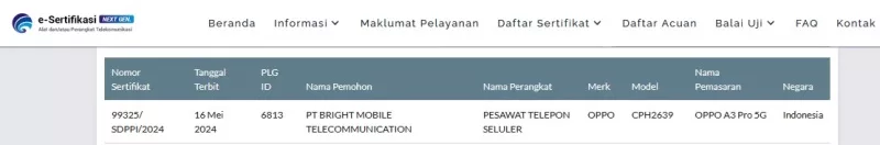 Sertifikasi Postel Oppo A3 Pro 5G Sertifikasi Postel Oppo A3 Pro 5G