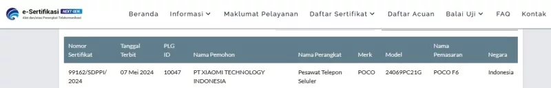 Sertifikasi Postel Poco F6 Sertifikasi Postel Poco F6