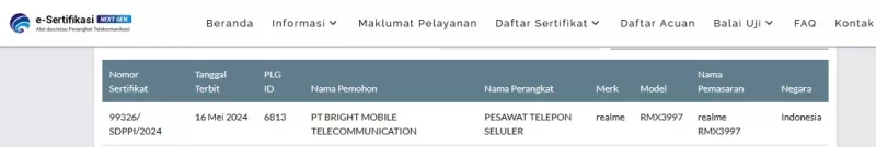 Sertifikasi Postel Realme RMX3997 Sertifikasi Postel Realme RMX3997