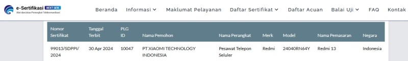 Sertifikasi Postel Redmi 13