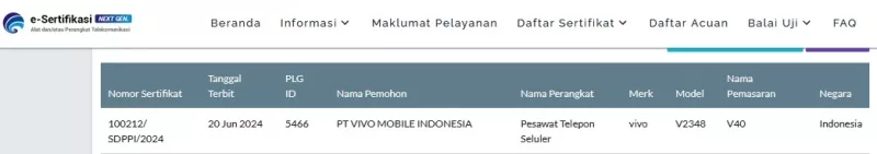 Sertifikasi Postel Vivo V40 Sertifikasi Postel Vivo V40